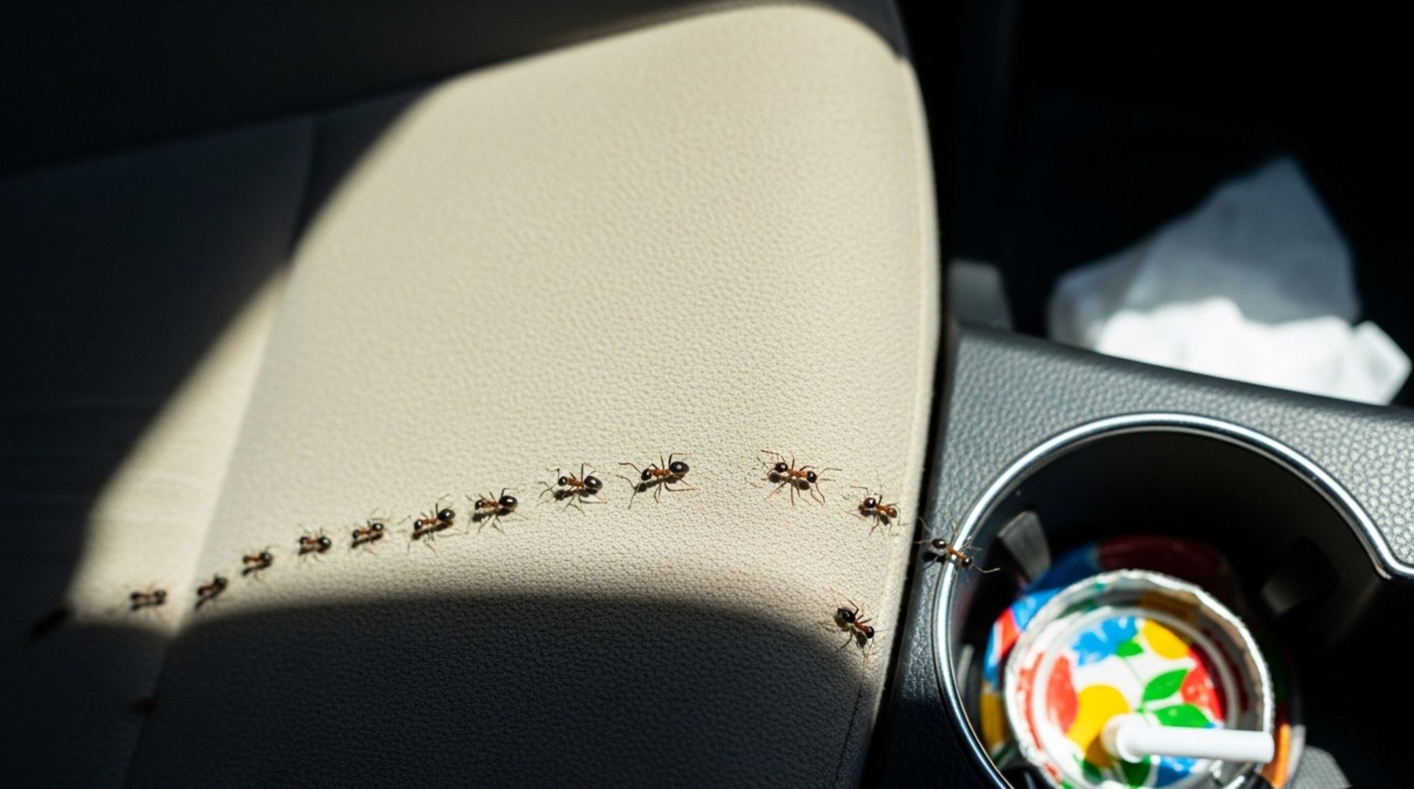 How to Get Rid of Ants in Car: Fast : Ants crawling inside a car seat and cup holder in natural daylight