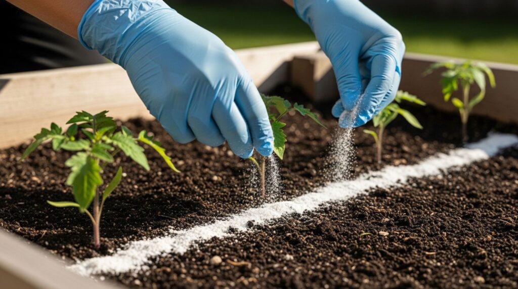 Applying food-grade diatomaceous earth around garden plants to kill ants naturally