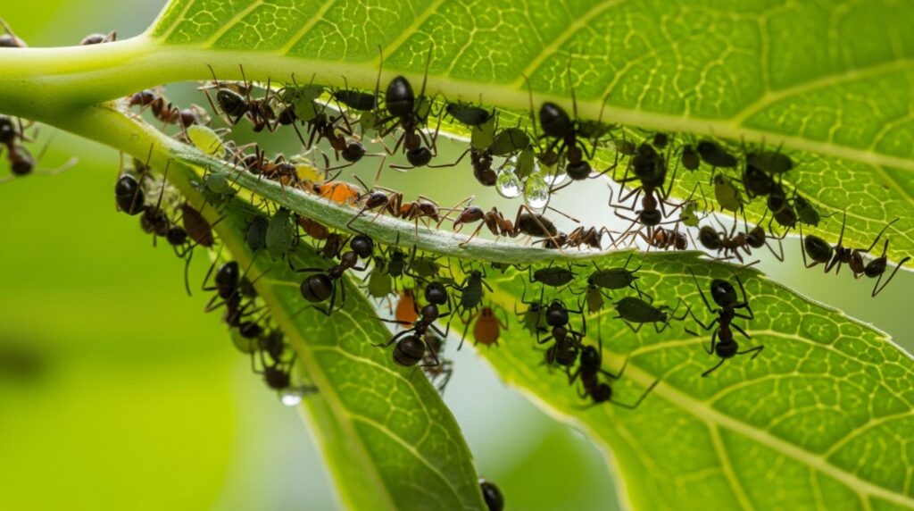 Ants farming aphids on garden plants for honeydew – why ants keep returning