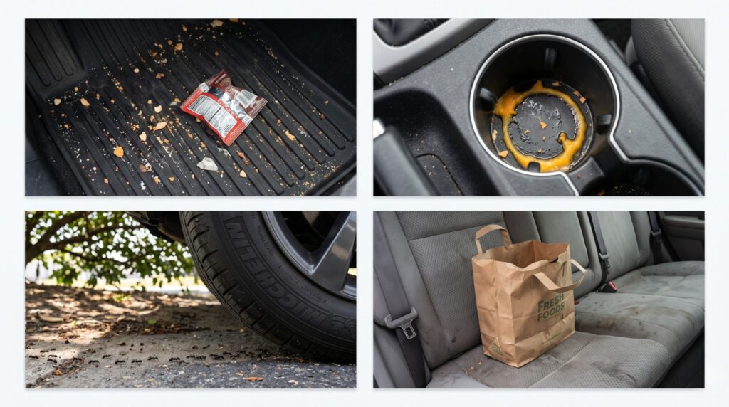 Four common reasons ants invade cars: food crumbs, spilled drinks, parking near trees, and left groceries