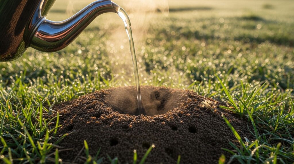 Pouring boiling water on ant mound in lawn to destroy the queen and colony
