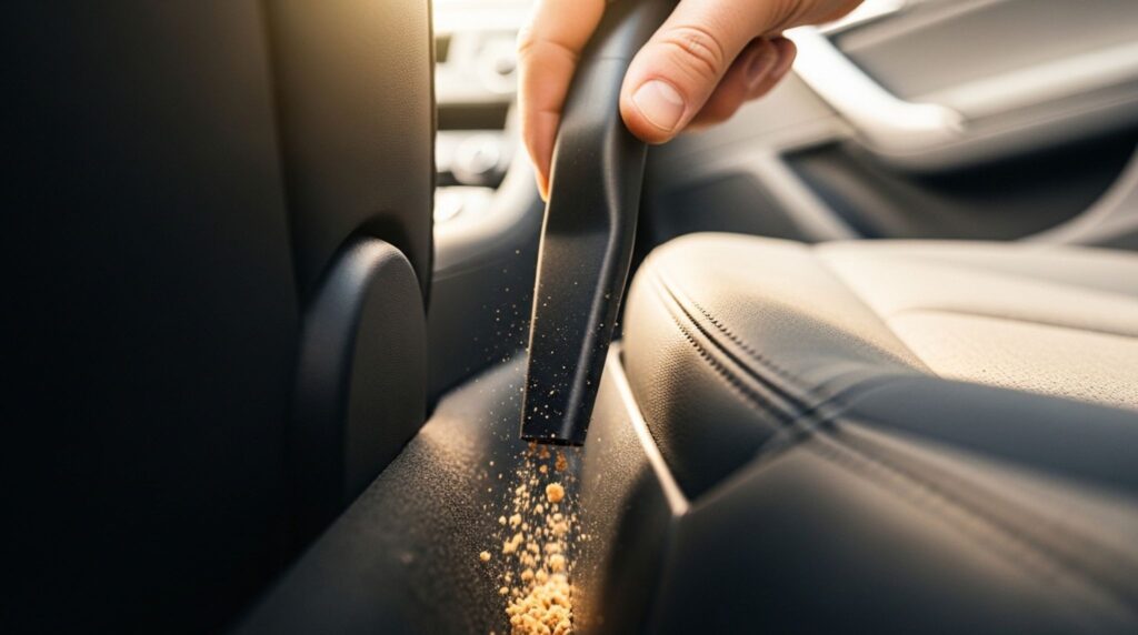Using a slim vacuum nozzle to clean crumbs from car seat crevices to remove ant trails