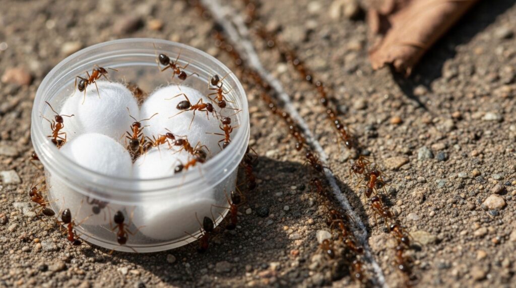 Boric acid bait station with cotton balls for killing entire ant colony