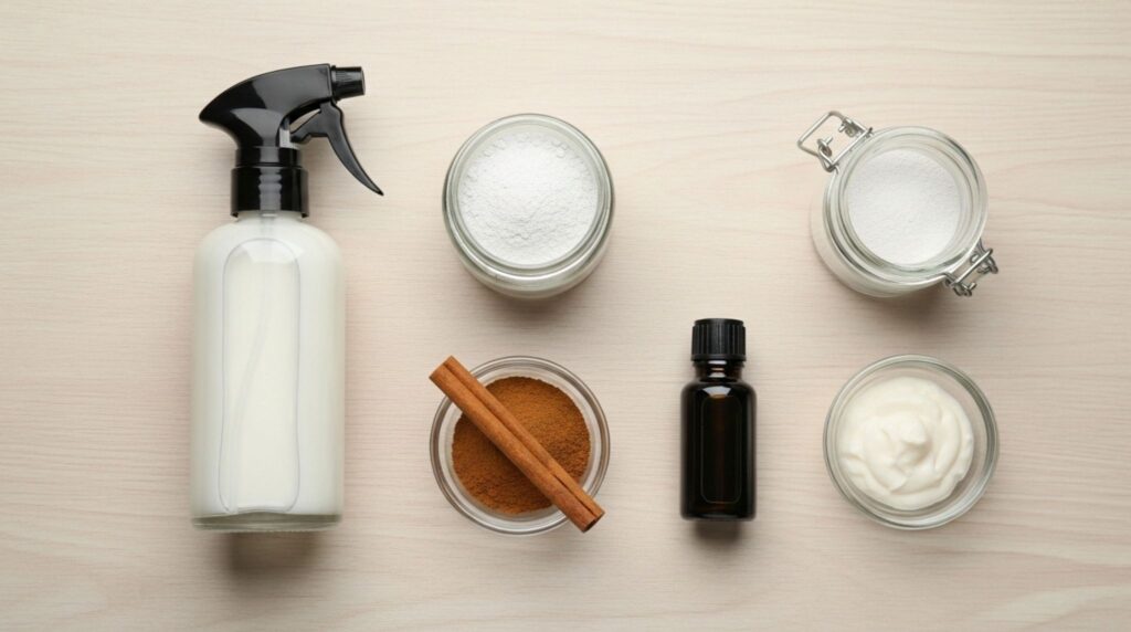 Natural home remedies for ants in cars including vinegar spray, diatomaceous earth, peppermint oil, cinnamon, and boric acid paste