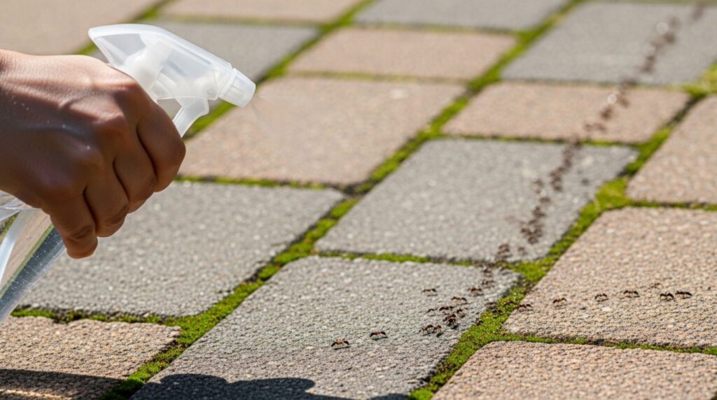 Spraying white vinegar on garden paths to erase ant scent trails