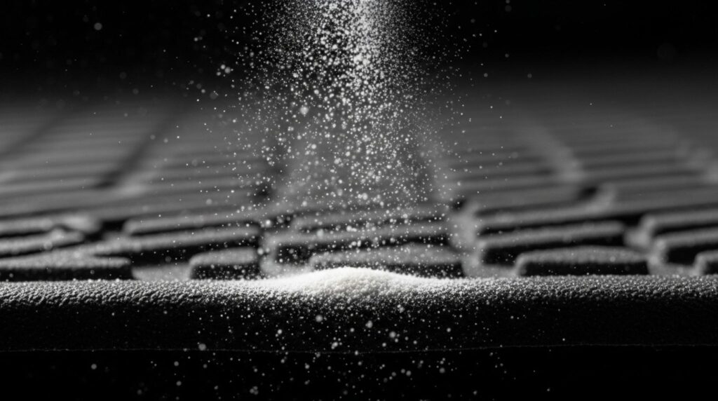Sprinkling food-grade diatomaceous earth powder along a car floor mat edge to kill ants