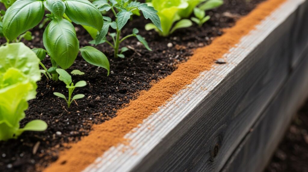 Cinnamon powder barrier around vegetable garden bed to repel ants