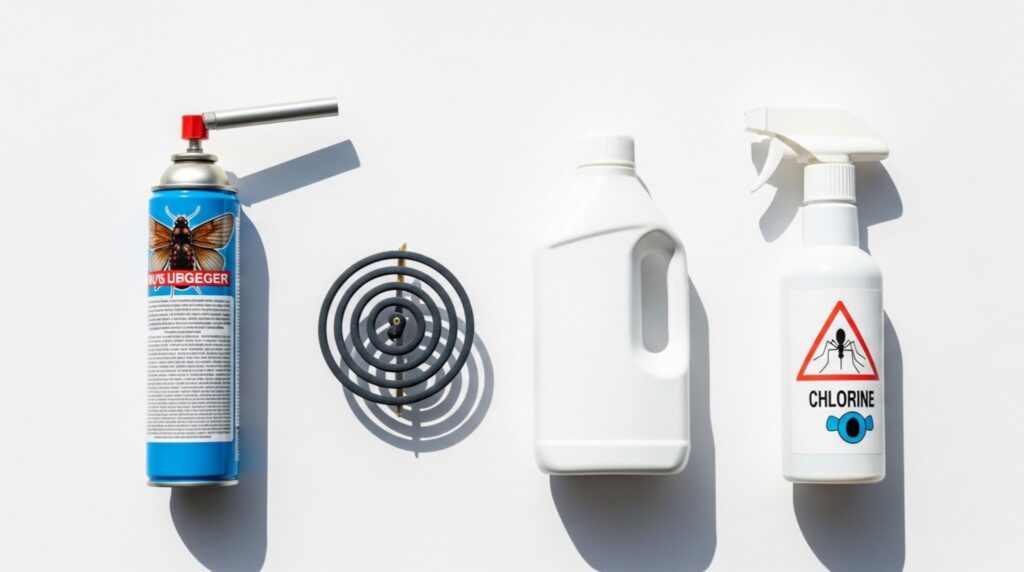 Products that should never be used to treat ants inside a car, including bug foggers, bleach, smoke coils, and chlorine spray