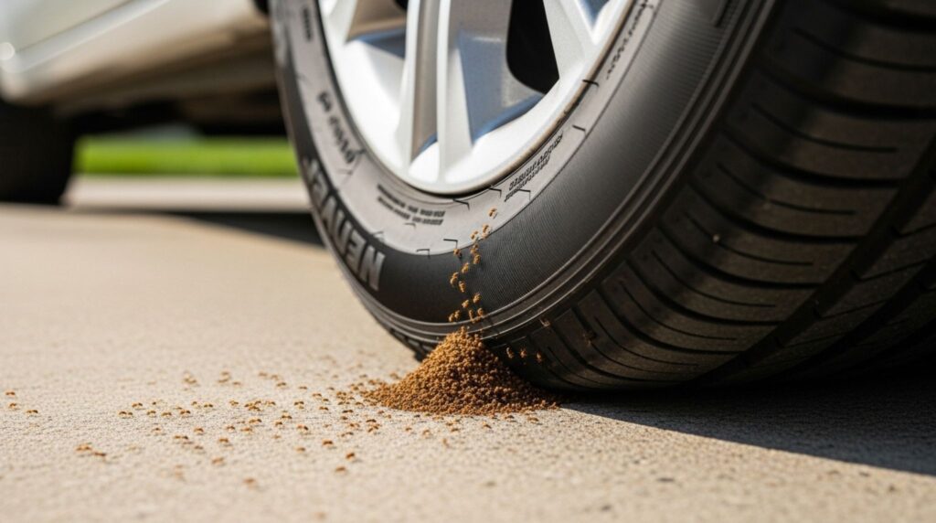 Ant mound visible next to a car tire on a driveway, showing how ants enter vehicles from the ground