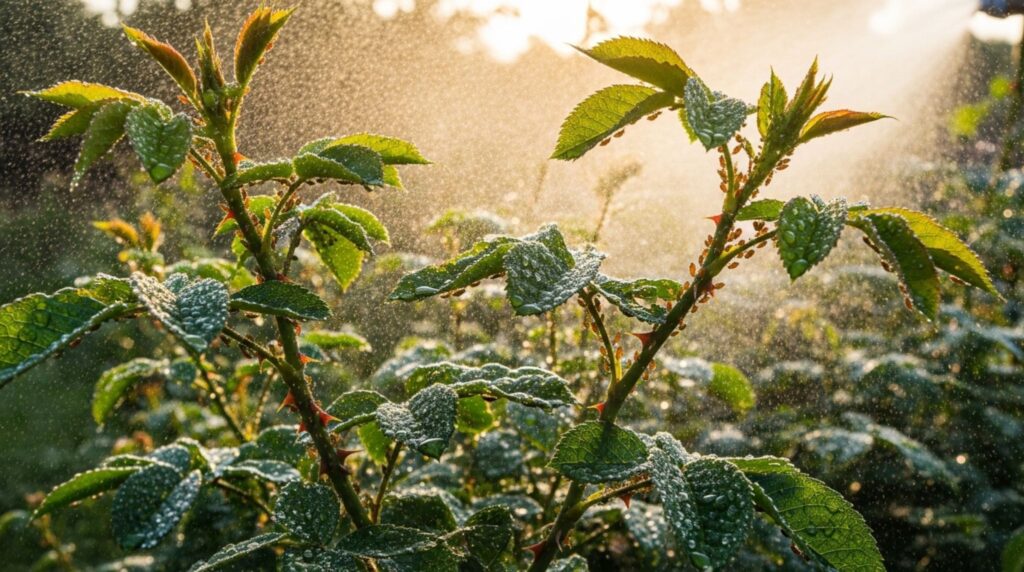 Spraying neem oil on garden plants to control aphids and stop ants