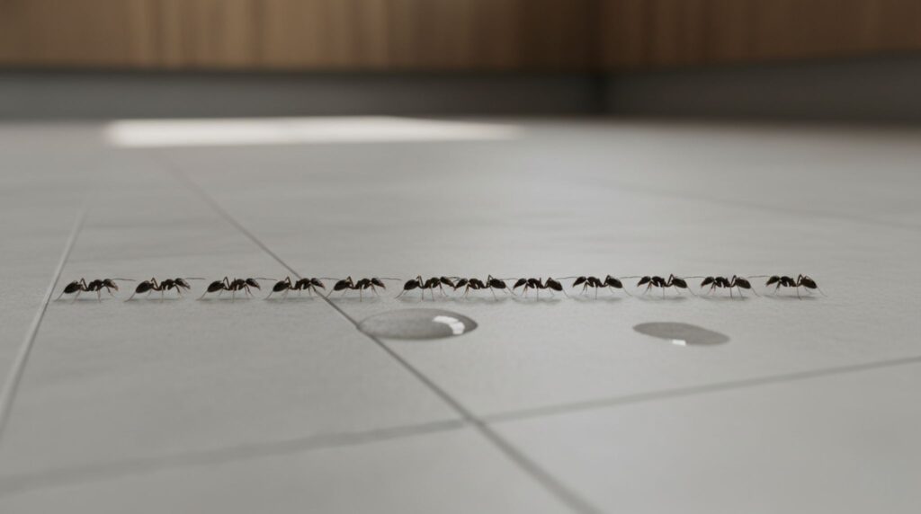 Worker ants following pheromone trail into kitchen for food and water