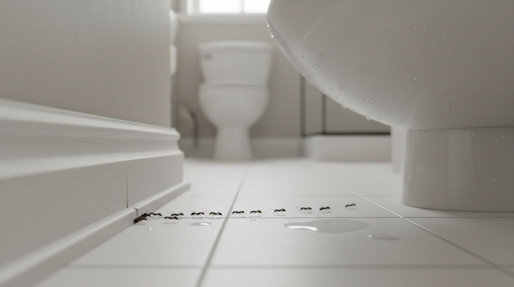 How to Get Rid of Ants at Home Line of ants entering a home through cracks near bathroom sink – signs of ant infestation