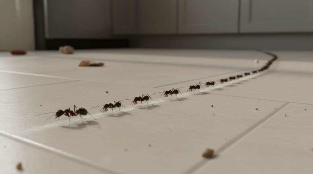 Scout ant laying pheromone trail followed by worker ants in a straight line inside a home