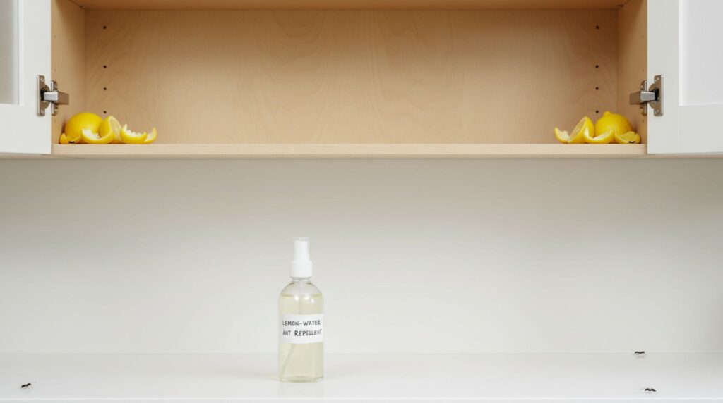 Lemon peels and lemon juice spray repelling ants in kitchen cabinet