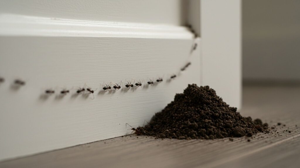 Clear trail of ants and small soil mound indicating ant colony nesting in home