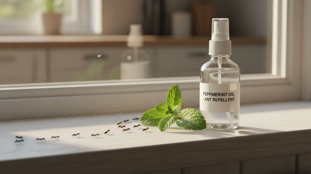 Peppermint oil spray creating natural barrier against ants in kitchen