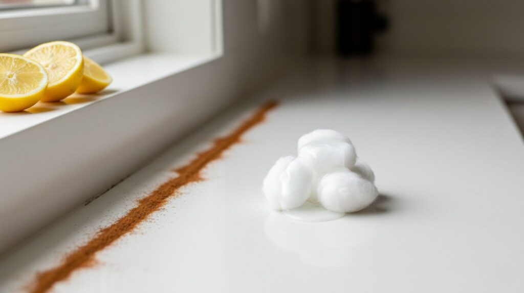 Natural ant repellents including peppermint oil, lemon peels, and cinnamon barrier