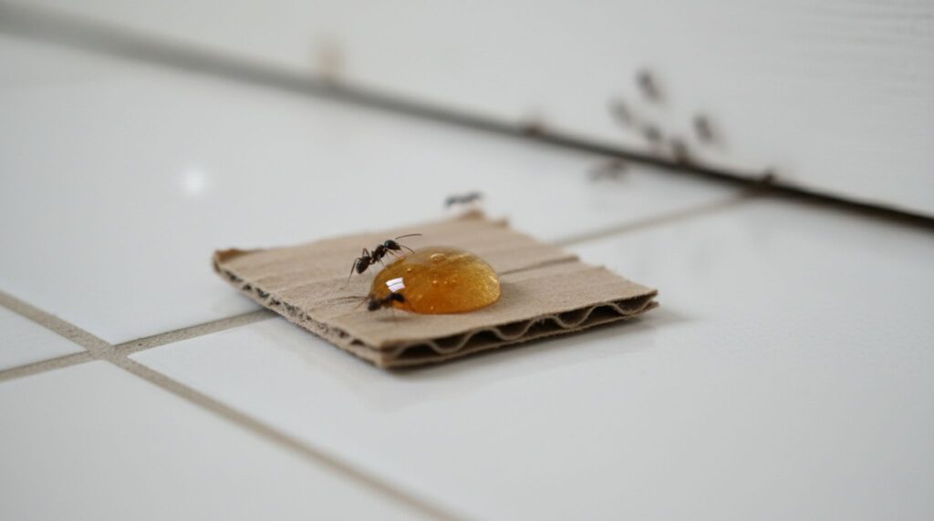 
Boric acid and honey bait placed on cardboard near bathroom baseboard to eliminate ant colony