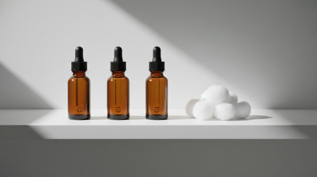 Peppermint, tea tree, and clove essential oil bottles with cotton balls — natural ant repellents for bathrooms