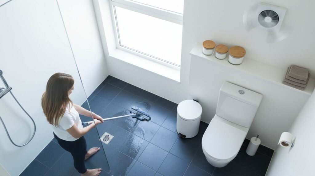 Clean, dry, well-ventilated bathroom with sealed toiletry containers demonstrating ant prevention habits