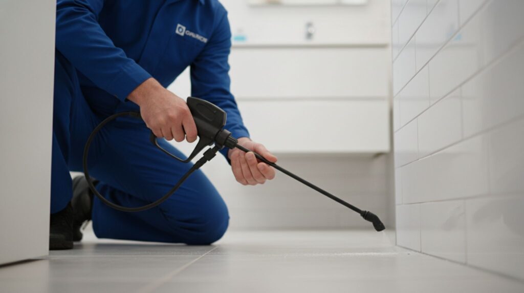 Pest control professional inspecting bathroom baseboard for ant nest