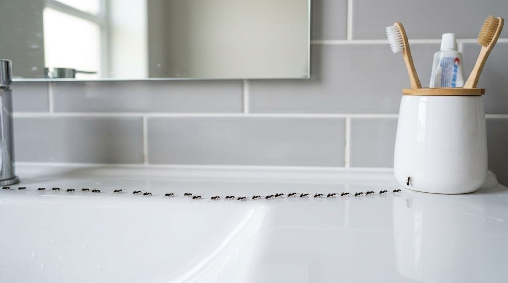 Line of tiny black ants invading bathroom sink and toothbrush holder – how to get rid of ants in bathroom