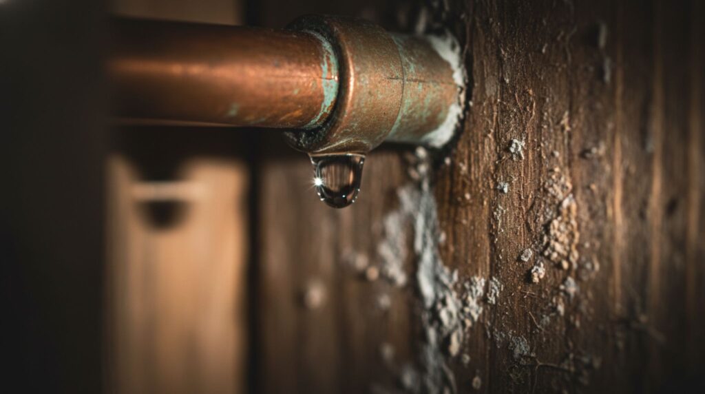 How to Get Rid of Ants in Walls: Slow drip forming at a copper pipe joint inside a wall cavity — a hidden moisture source that attracts ants