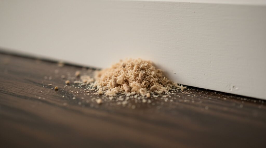 
Fine sawdust frass piled at base of a white baseboard — a warning sign of carpenter ants nesting inside walls