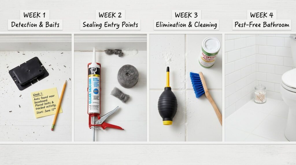 Four-week ant treatment plan laid out as a visual timeline — bait, seal, treat, and monitor stages for eliminating ants in walls