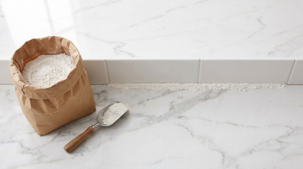 Food-grade diatomaceous earth powder and application line along a baseboard — natural non-toxic ant barrier for walls