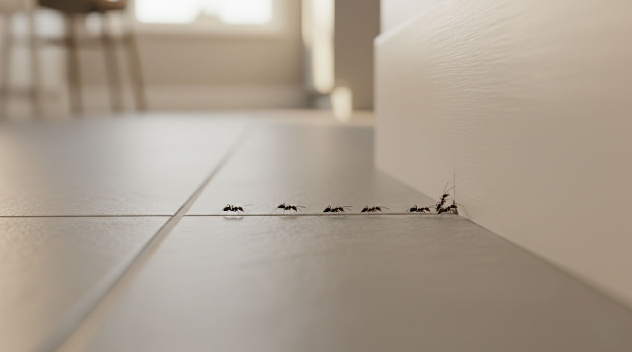 Black ants marching in a line into a crack in a white baseboard — signs of ants nesting inside walls