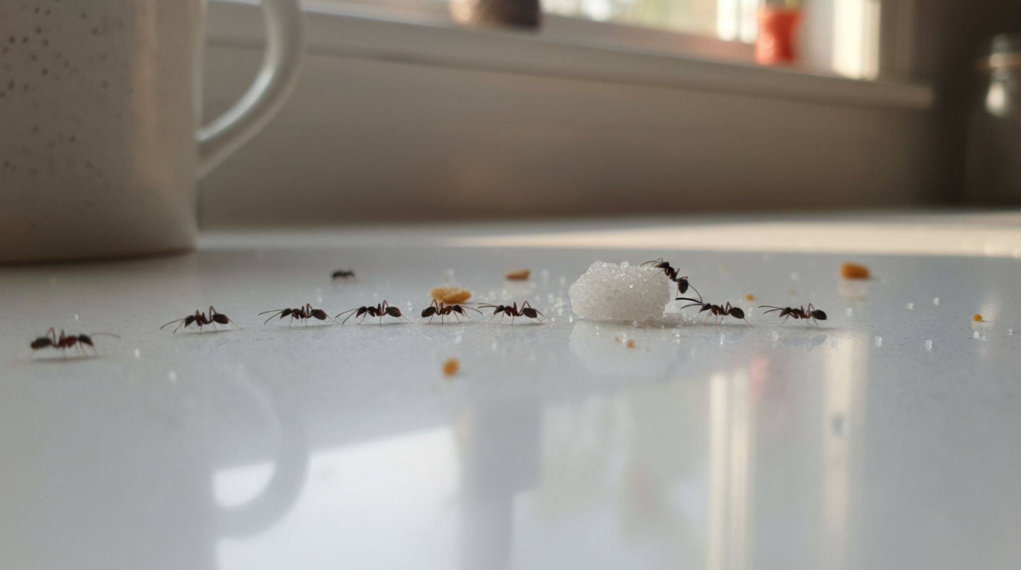 How to Get Rid of Ants at Home Close-up of ants invading a kitchen counter searching for food crumbs – common ant infestation at home