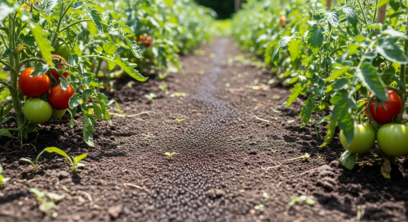 Ants marching in a trail through a garden bed with tomato plants – how to get rid of ants in yard garden and lawn