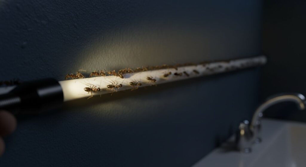 Carpenter ants following a trail at night in home - how to locate nest