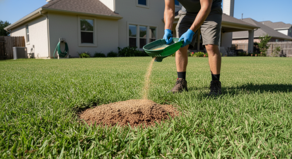 Applying granular bait treatment on a lawn for fire ant control