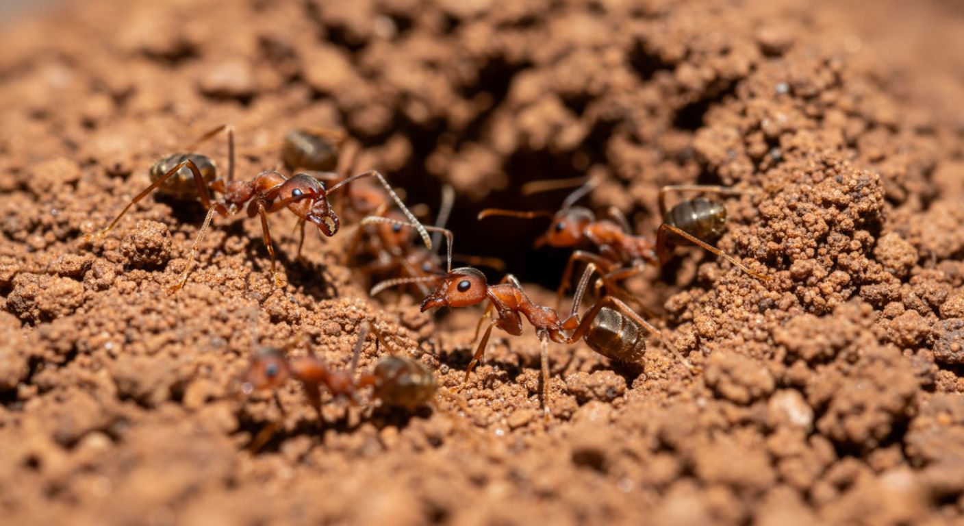 How to Get Rid of Fire Ants, Close-up image of imported red fire ants near a mound entrance