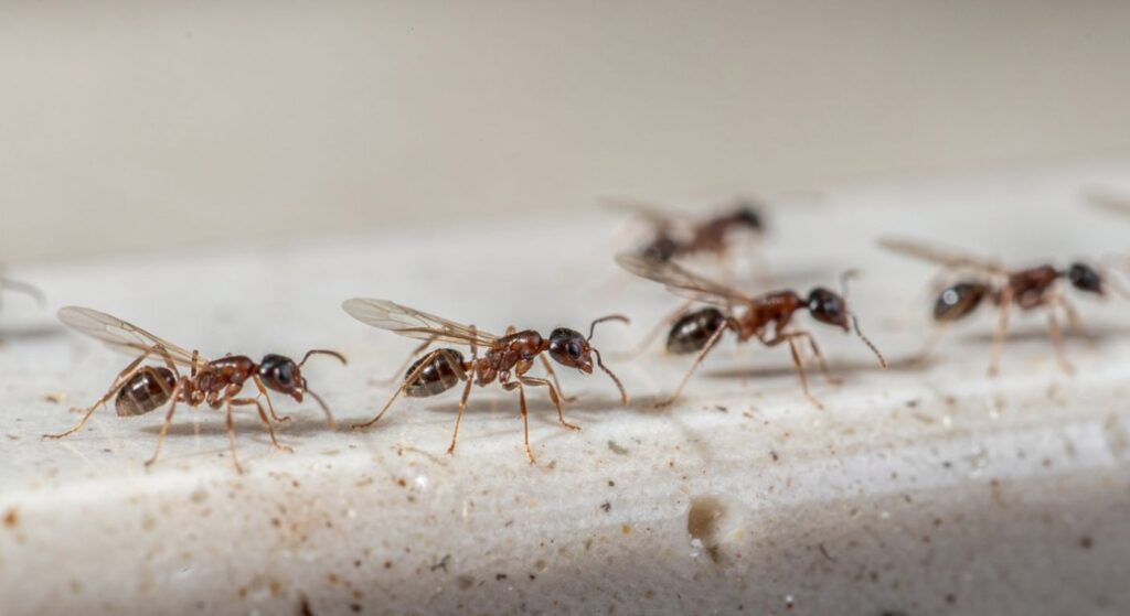 How to get rid of ghost ants - close-up of tiny pale ghost ants on countertop