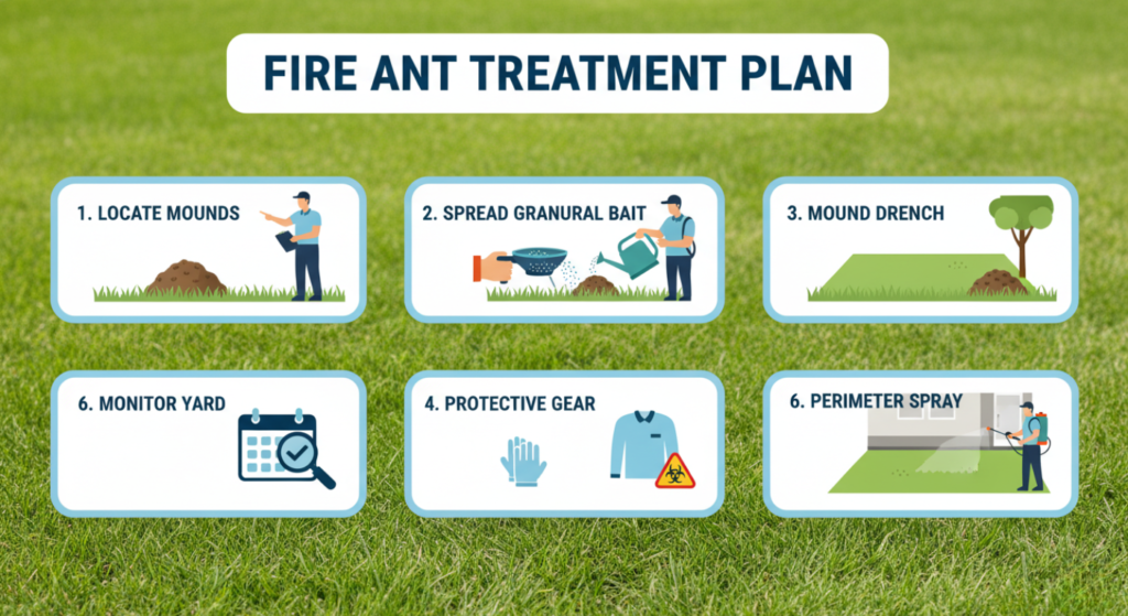 Six-step process for eliminating fire ant colonies in a yard