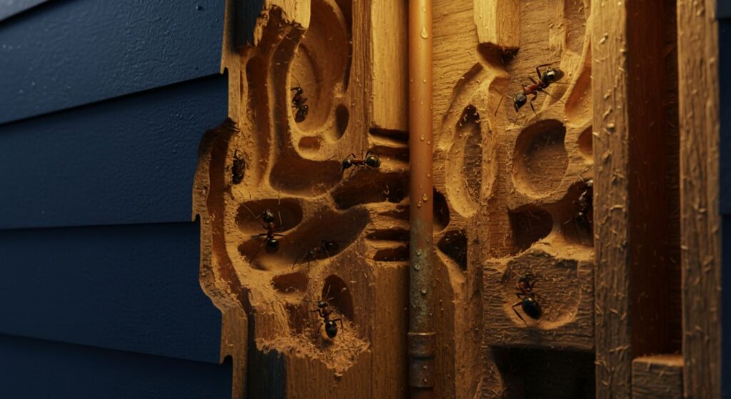Carpenter ants nesting inside wall voids and damp wood cutaway view