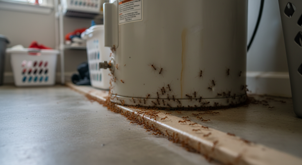 Fire ants entering a home near a laundry room after rain