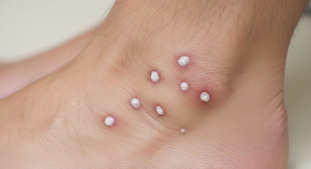 Fire ant sting pustules appearing on skin after multiple stings