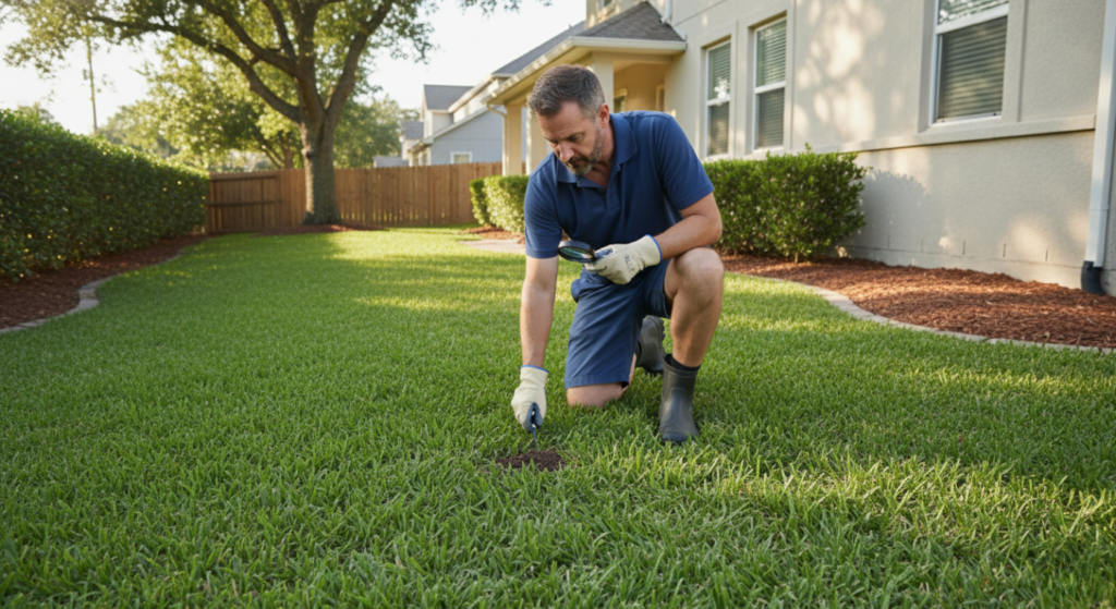 Homeowner preventing fire ant infestations through lawn maintenance