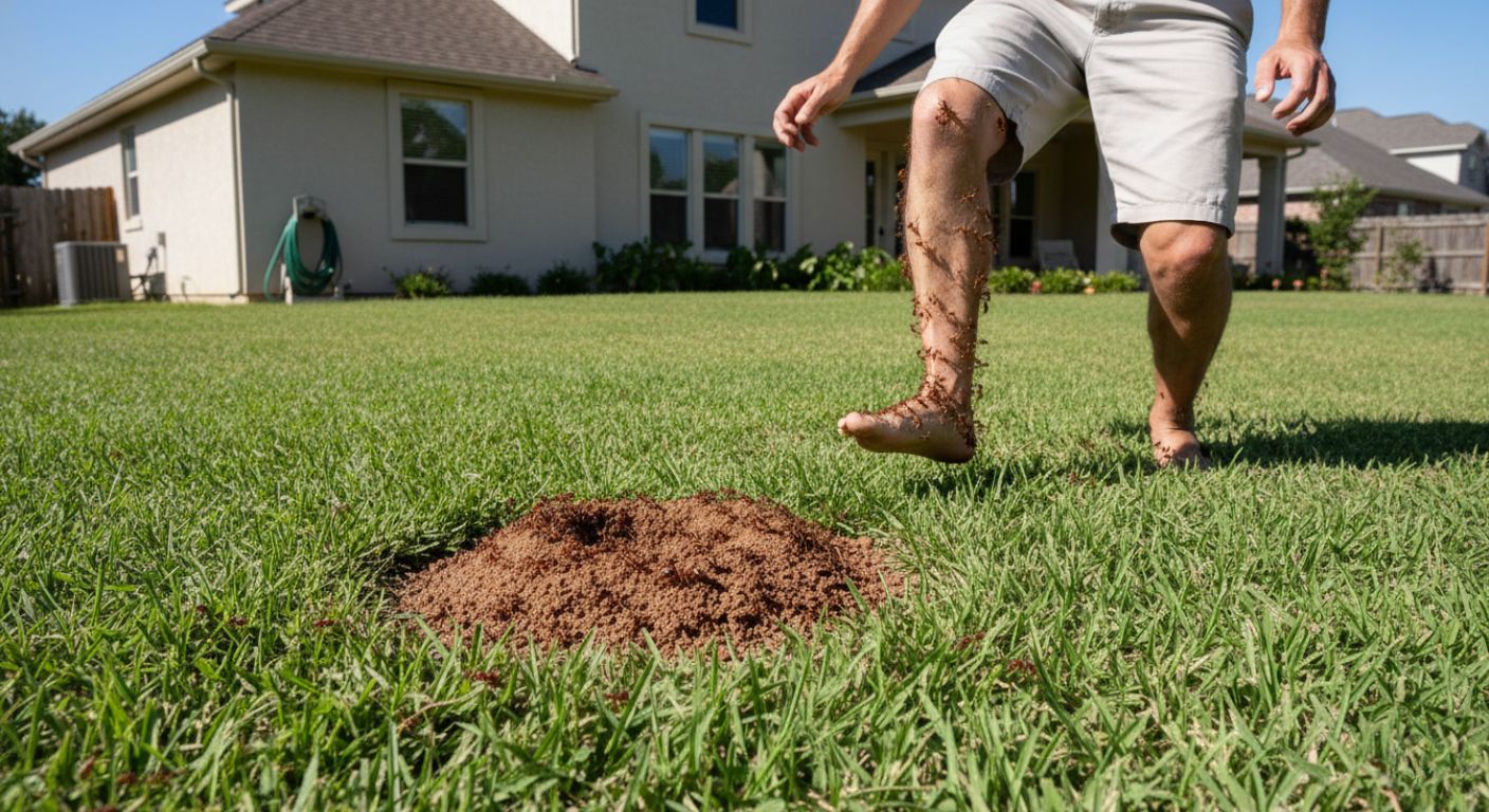 Person reacting after stepping near a fire ant mound in a backyard lawn