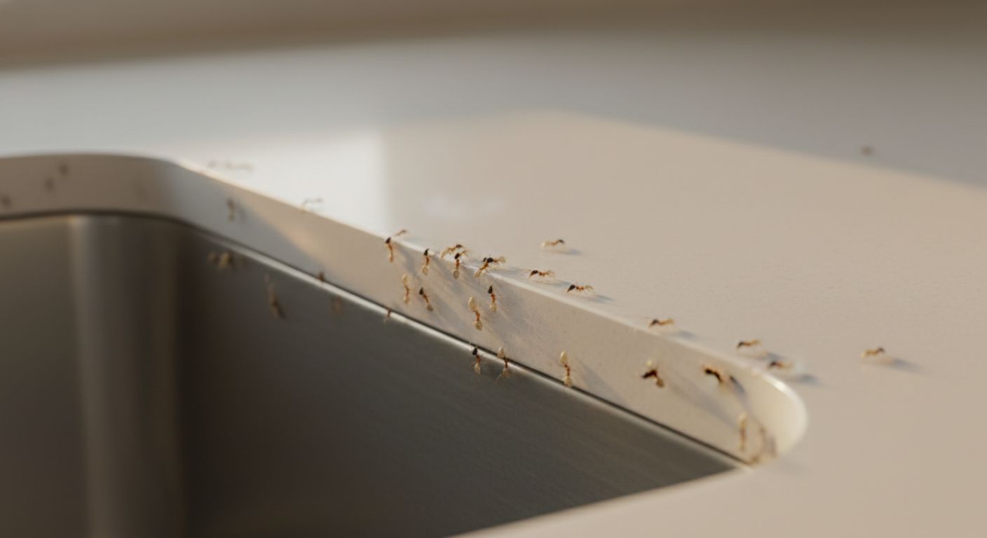 How to get rid of ghost ants - tiny pale ghost ants trailing on kitchen counter near sugar jar