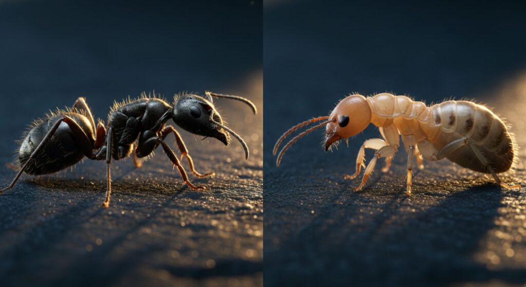 Carpenter ant vs termite comparison - size, antennae, waist differences
