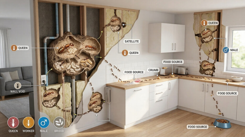 Infographic explaining how to get rid of Pharaoh ants by targeting multi-queen colonies