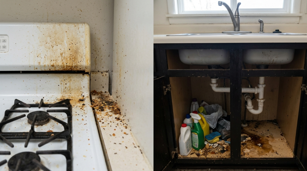 Kitchen and bathroom areas where Pharaoh ants commonly nest